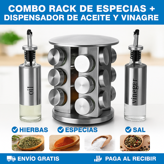 Combo Organizador de Especias + 2 Dispensador de Aceite y Vinagreta