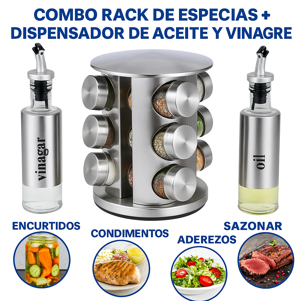 Combo Organizador de Especias + 2 Dispensador de Aceite y Vinagreta